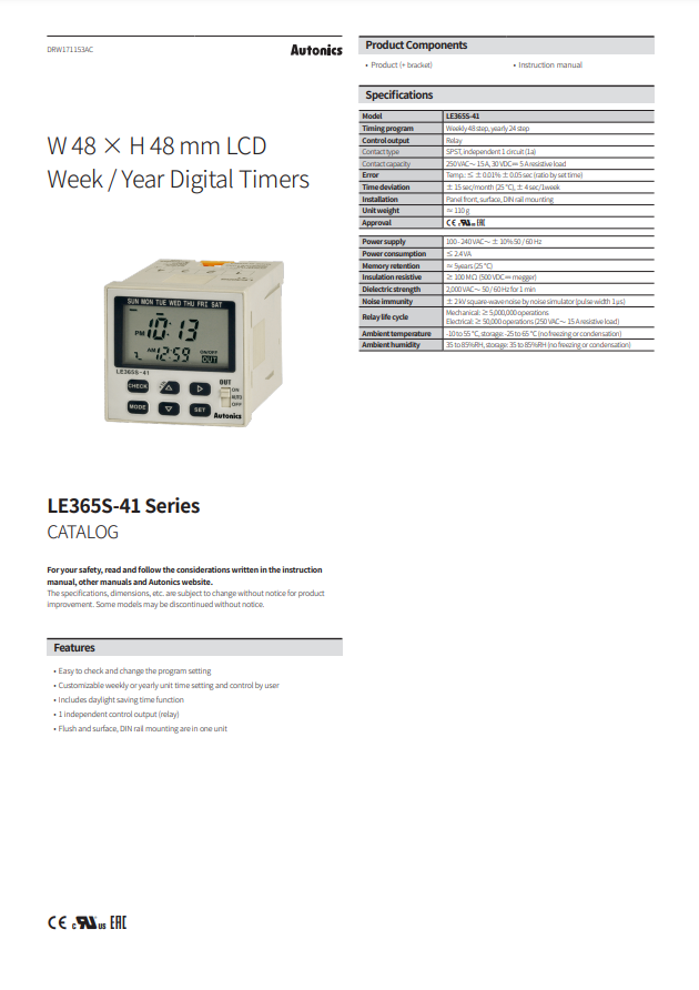 AUTONICS LE365S-41 CATALOG LE365S-41 SERIES: W 48 X H 48 MM LCD WEEK/YEAR DIGITAL TIMERS